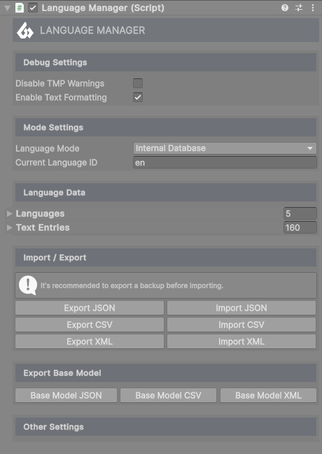 Language Manager in the Inspector