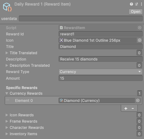 Reward Item in the Inspector