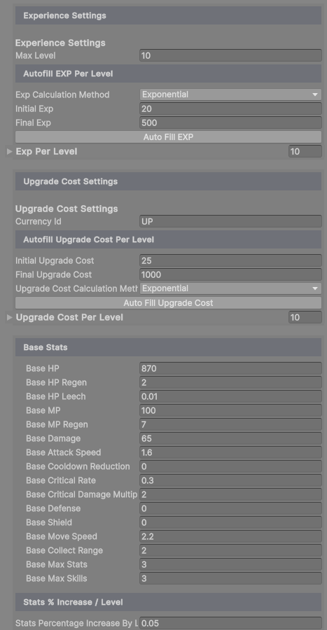 Experience, cost and base stats