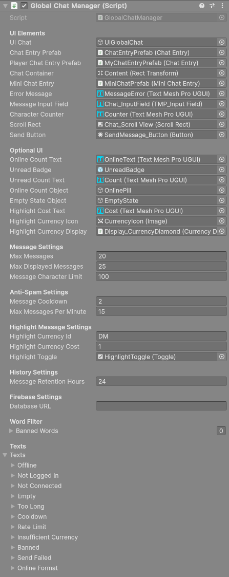 Global Chat Manager in the Inspector